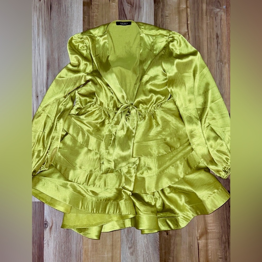 AKIRA Vibrant Lime Satin Layered Blouse